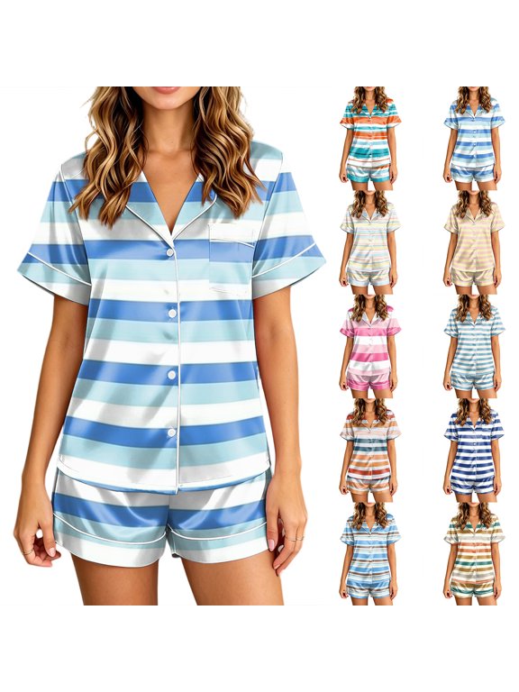 Pajamas for Women Short Sleeve Sleepwear Soft Button Down Loungewear Shorts Set Sets For Women Summer Sets Short Sets Loungewear Outfit Sets