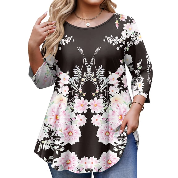 AzureSilk Plus Size Tops for Womens 3/4 Sleeve Tunic Tops Casual Loose Fit Swing Fall Winter T Shirts Blouse Basic Shirts Women's Plus Size, Sizes L-5XL