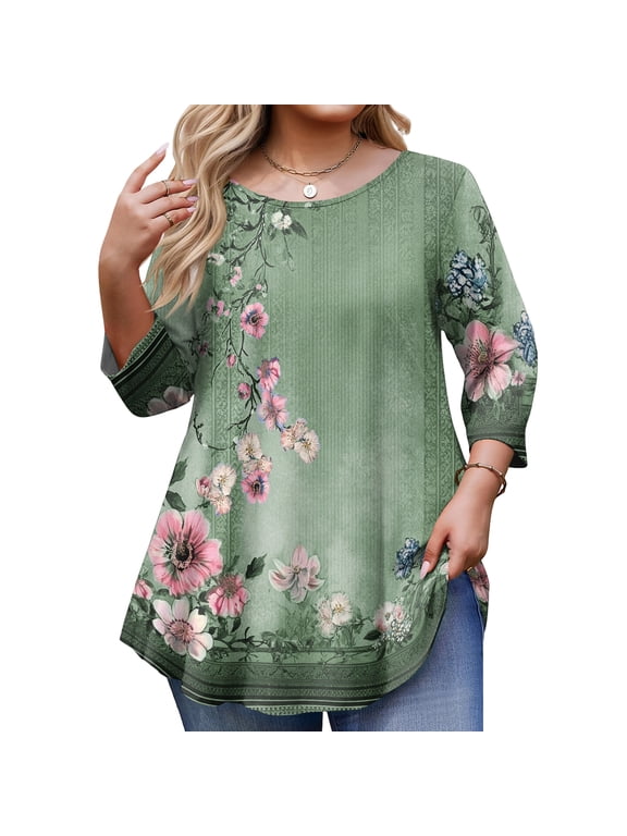 Plus Size Tops for Womens 3/4 Sleeve Tunic Tops Casual Loose Fit Swing Fall Winter T Shirts Blouse Basic Shirts Women's Plus Size, Sizes L-5XL