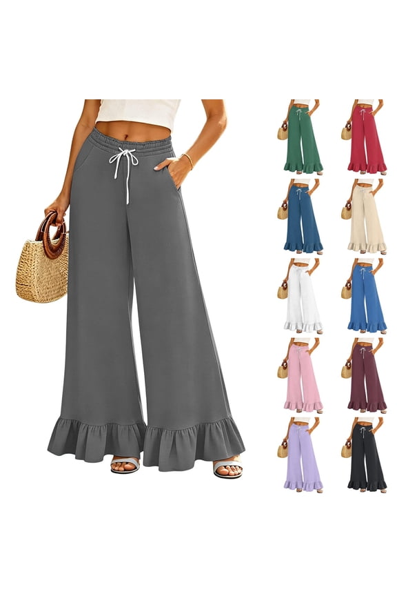 Summer Pants Women Wide Leg Pants with Ruffle Drawstring Elastic Waist Loose Casual Trousers with Pockets Lightweight Flowy Pants for Beach Vacation Daily Wear