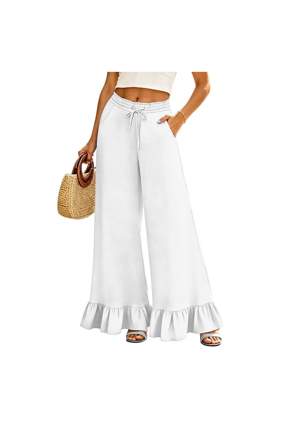 Summer Pants Women Wide Leg Pants with Ruffle Drawstring Elastic Waist Loose Casual Trousers with Pockets Lightweight Flowy Pants for Beach Vacation Daily Wear