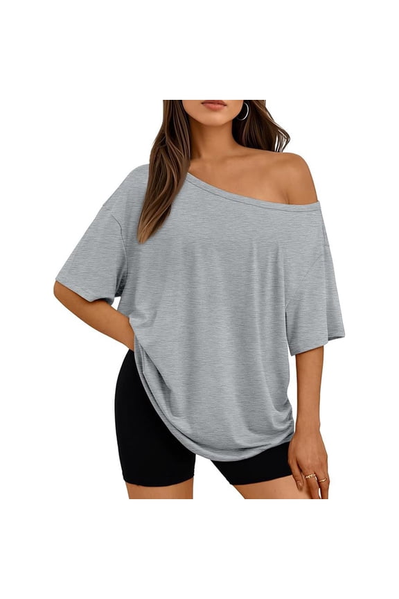 Trendy Queen Womens Off the Shoulder Tops Oversized Summer Spring T-Shirts 2026 Womens Tops Summer Clothes, Size S-3XL