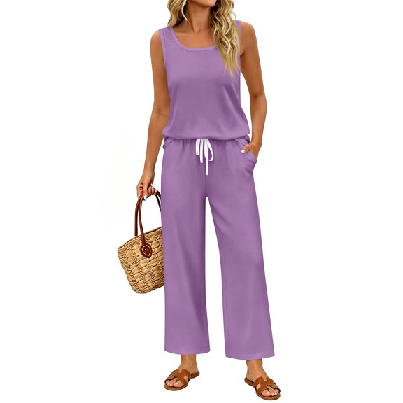 AzureSilk Two Piece Sets for Women Summer Spring Outfits Tank Square Neck Sleeveless Vacation Lounge Wide Leg Pants Set