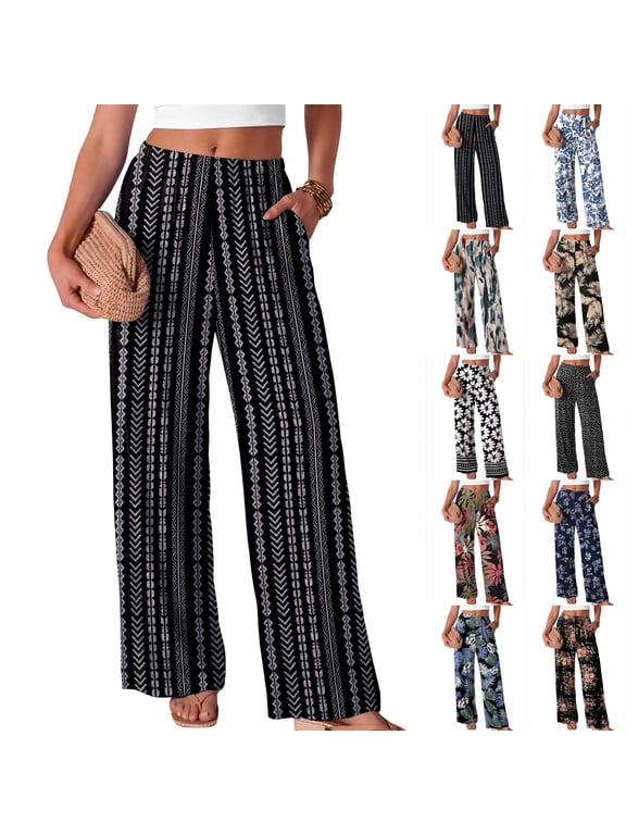 Wide Leg Pants for Women Flowy Palazzo Elastic Waist Trousers with Pockets Summer Spring Outfits, Size S-2XL