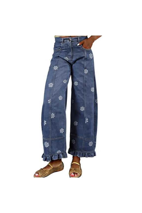 Women Floral Print Jeans Straight Leg Pants with Cuffed Hem Casual Trousers Pants, Size S-2XL