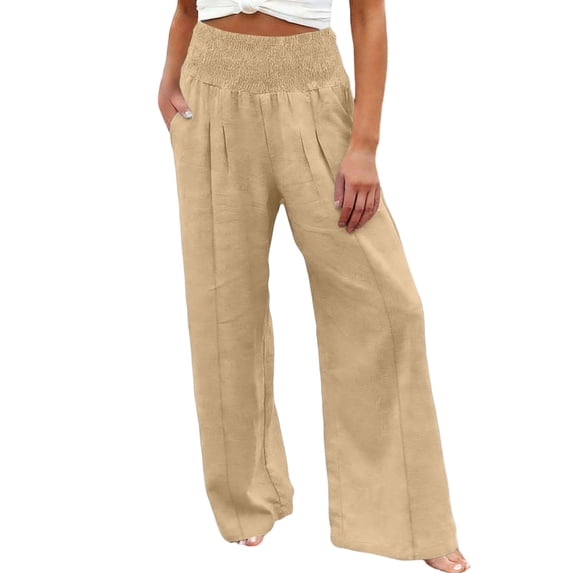 AzureSilk Women Linen Pants Elastic High Waist Wide Leg Pants Loose Palazzo Trousers with Pockets Wide Leg Pants For Women, Size S-2XL