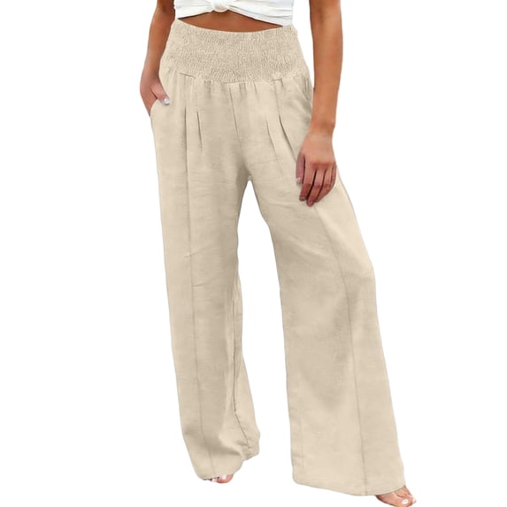 AzureSilk Women Linen Pants Elastic High Waist Wide Leg Pants Loose Palazzo Trousers with Pockets Wide Leg Pants For Women, Size S-2XL