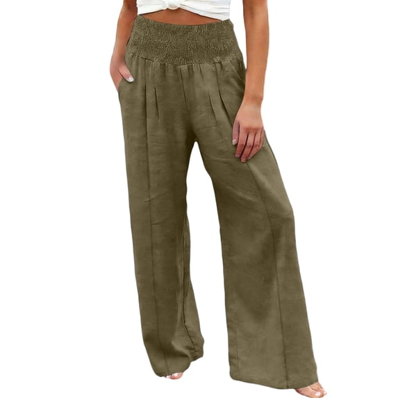 AzureSilk Women Linen Pants Elastic High Waist Wide Leg Pants Loose Palazzo Trousers with Pockets Wide Leg Pants For Women, Size S-2XL