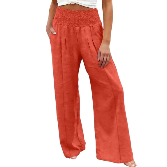 AzureSilk Women Linen Pants Elastic High Waist Wide Leg Pants Loose Palazzo Trousers with Pockets Wide Leg Pants For Women, Size S-2XL