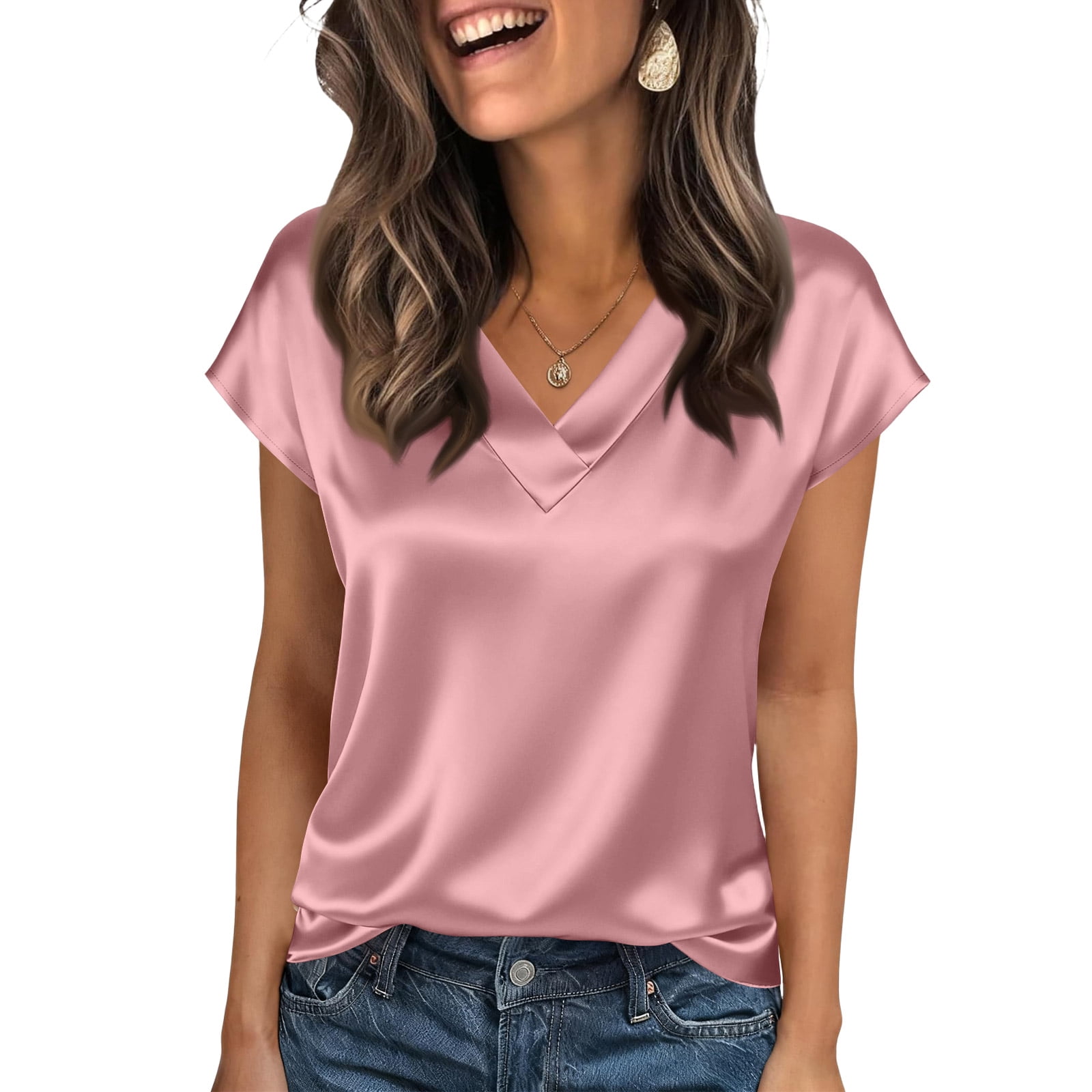 AzureSilk Women Silk Satin Tops Cap Short Sleeve Blouse V Neck Shirts ...