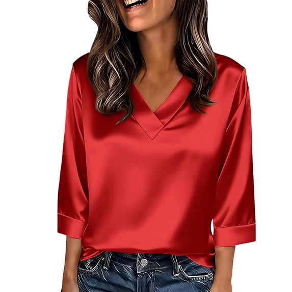 AzureSilk Women Silk Satin Tops Short Sleeve Blouse V Neck Shirts ...