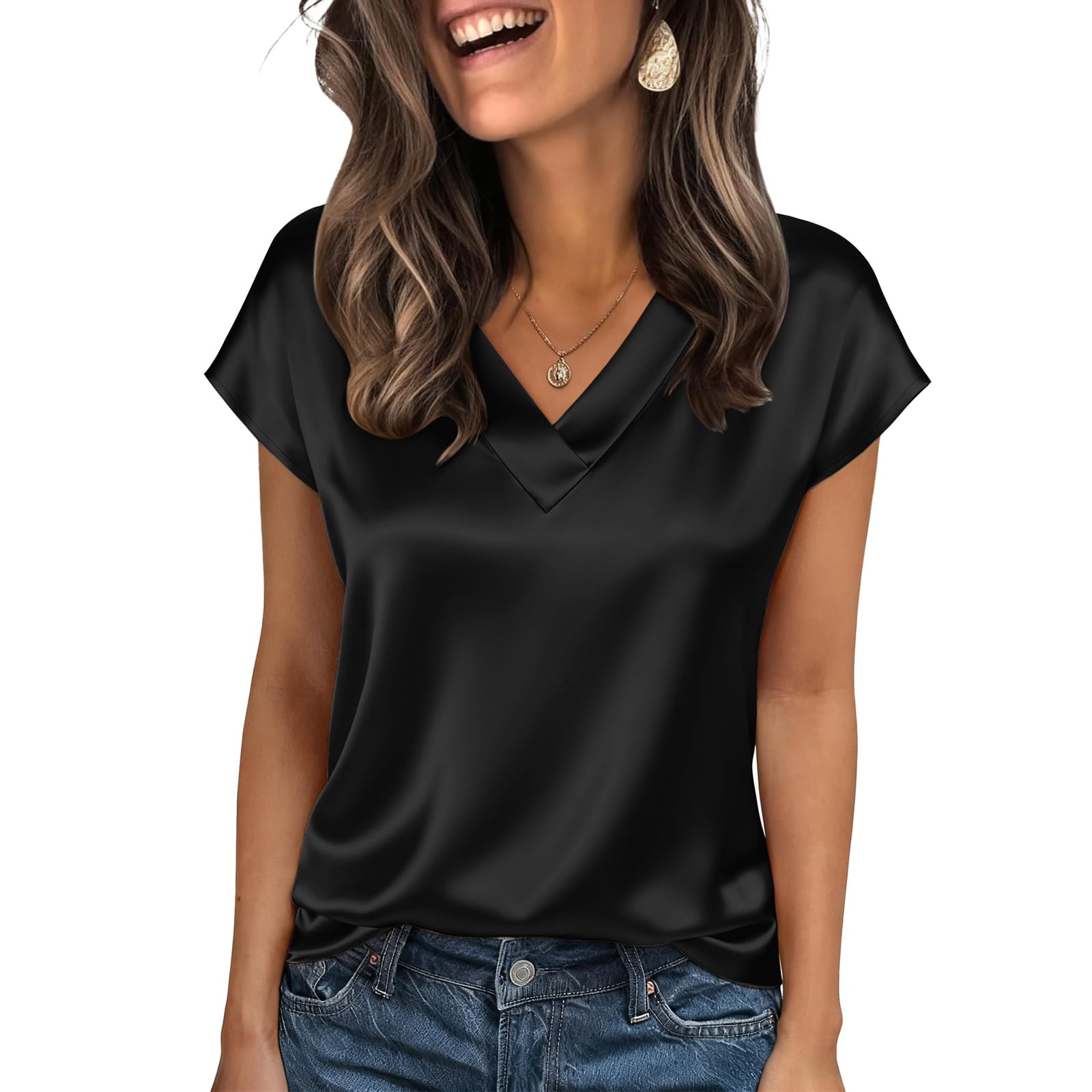 AzureSilk Women Silk Satin Tops Short Sleeve Blouse V Neck Shirts azuresilk-women-silk-satin-tops-short-sleeve-blouse-v-neck-shirts