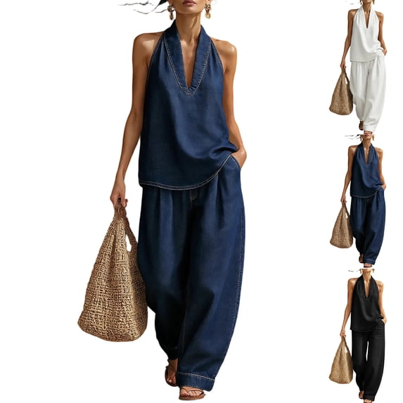 AzureSilk Women's 2 Piece Denim Outfits Halter Neck Top and High Waisted Wide Leg Pant Casual Matching Set, Size S-2XL
