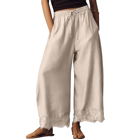 AzureSilk Women's Cropped Lace-Hem Pants High Waisted Drawstring Wide Leg Pants Casual Lightweight Trousers with Pockets Ladies Fashion Wide Leg Pants Casual Trousers