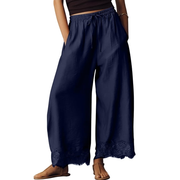 AzureSilk Women's Cropped Lace-Hem Pants High Waisted Drawstring Wide Leg Pants Casual Lightweight Trousers with Pockets Ladies Fashion Wide Leg Pants Casual Trousers