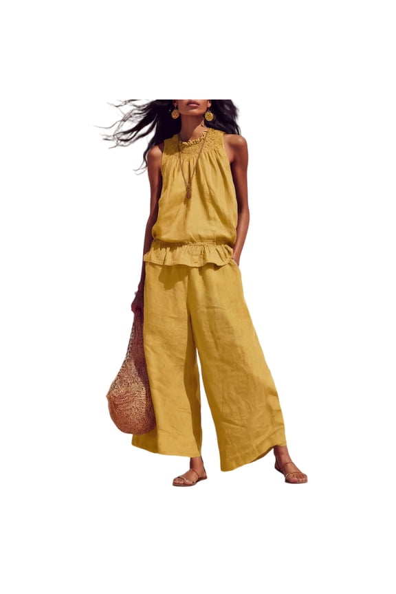 Women's Linen 2 Piece Outfits Sleeveless Ruffle Top Wide Leg Pants Summer Loungewear Beach Sets Vacation Outfits For Women Summer Outfits For Women
