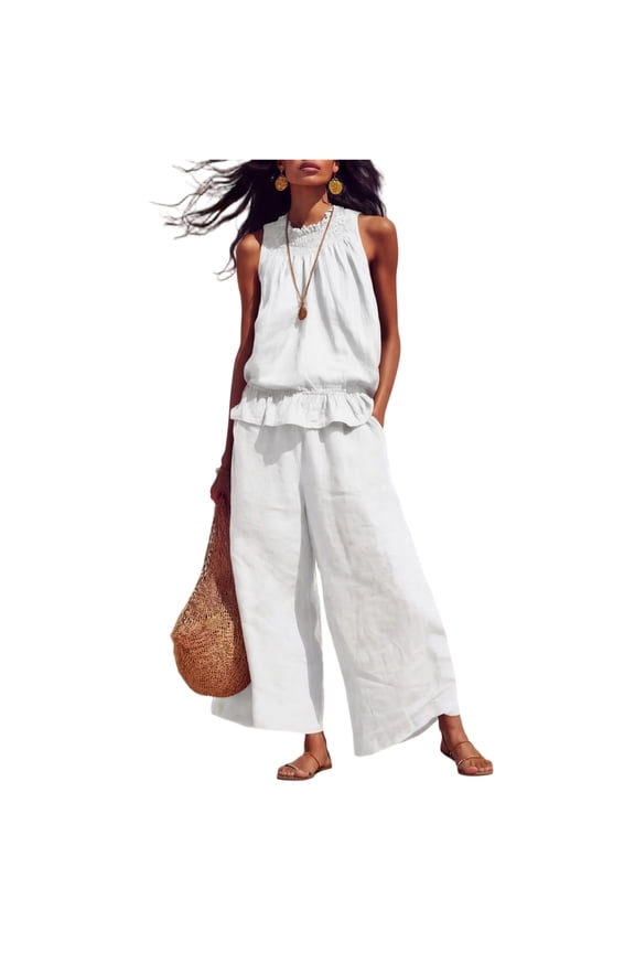 Women's Linen 2 Piece Outfits Sleeveless Ruffle Top Wide Leg Pants Summer Loungewear Beach Sets Vacation Outfits For Women Summer Outfits For Women