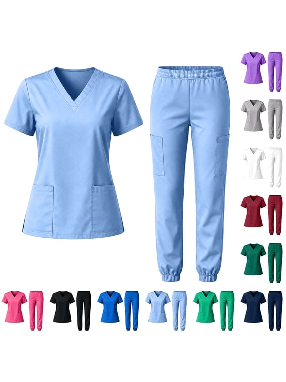 Women's Scrub Set with V-Neck and Pockets Quick-Dry Color Short Sleeve Top and Pants for Uniform Work Workout Sets For Women