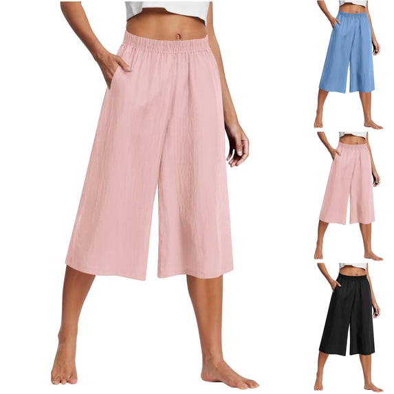 AzureSilk Women's Wide Leg Pants Cropped Palazzo Summer Beach Vacation Casual Pants with Pockets, Size S-2XL