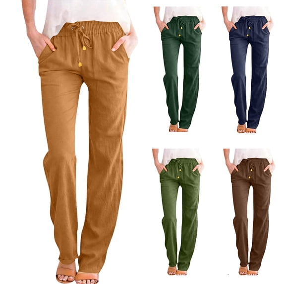 AzureSilk Womens Linen Pants Casual Drawstring Elastic Summer Straight Leg Pants Beach Lounge Trousers with Pockets, Size S-2XL