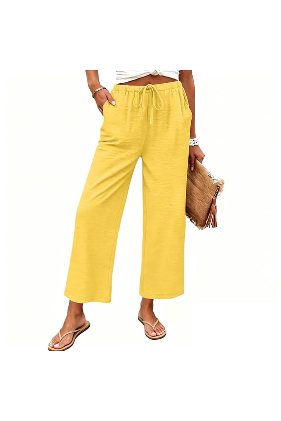 Womens Summer Pants Wide Leg Pants Women Casual Palazzo Drawstring Elastic Waist Trousers with Pockets For Beach Vacation Clothes Solid Color, Size S-2X