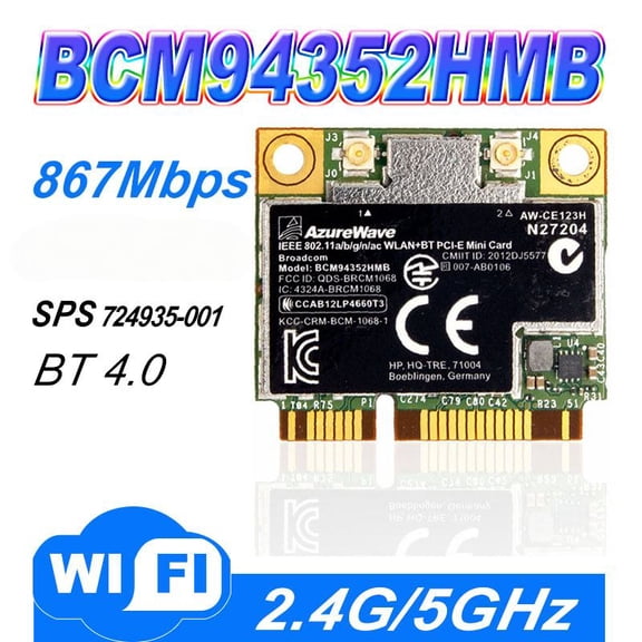 AzureWave BCM94352HMB 802.11ac 867Mbps Wireless AC WLAN + Bluetooth BT 4.0 Semi-mini PCI-E Wireless Wifi Card AW-CE123H