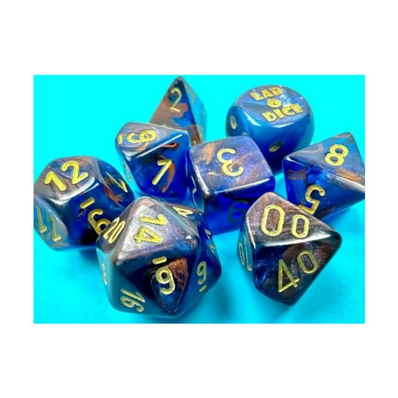 Azurite Lustrous Dice with Gold Numbers 7+1 Dice Set 16mm (5/8in) Chessex