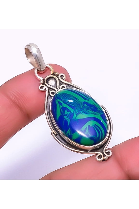 Azurite Malachite 925 Sterling Silver Bali Pendant 1.95" P1687-16, Christmas Gift, Gemstone Silver Jewelry, Azurite Pendant, New Year Sale
