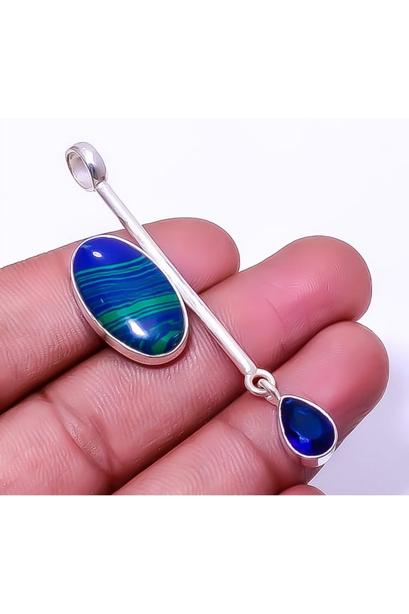 Azurite Malachite 925 Sterling Silver Pendant 2.34" A339, Christmas Gift, Gemstone Silver Jewelry, Azurite Pendant, New Year Sale