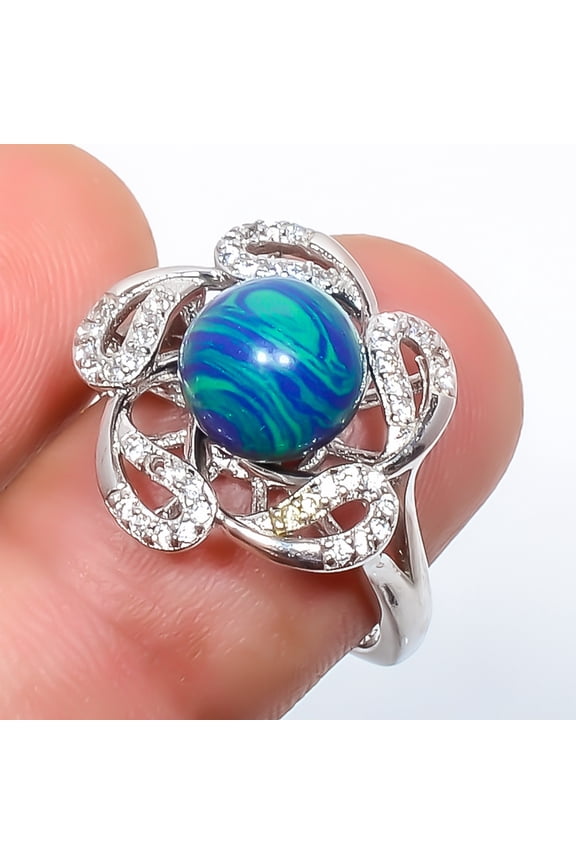 Azurite Malachite & Cz 925 Sterling Silver Ring Adjustable (R105), Gemstone Jewelry, Birthday Gift, Christmas Gift