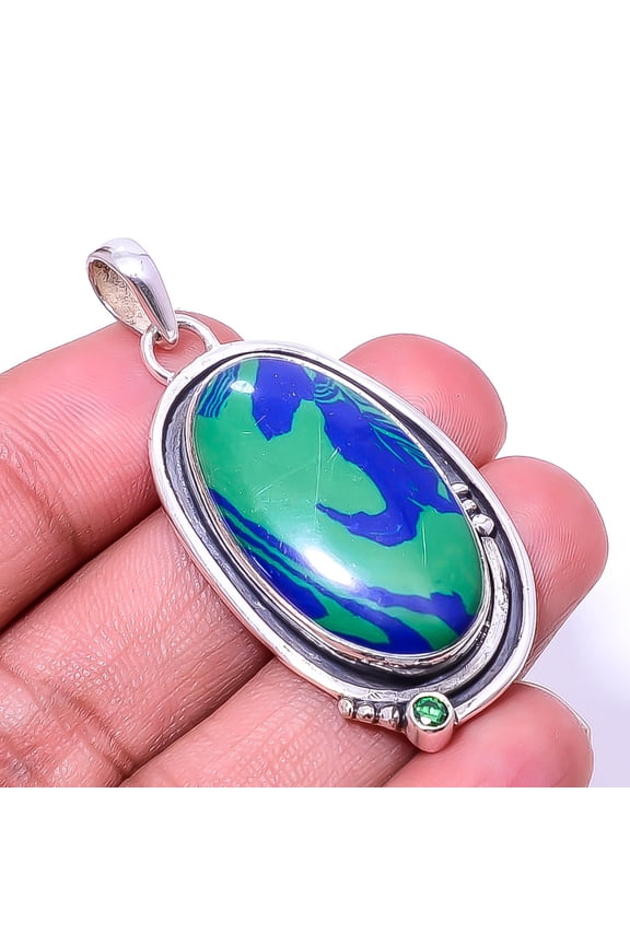 Azurite Malachite & Emerald Oxidised 925 Sterling Silver Pendant 2.03" P17