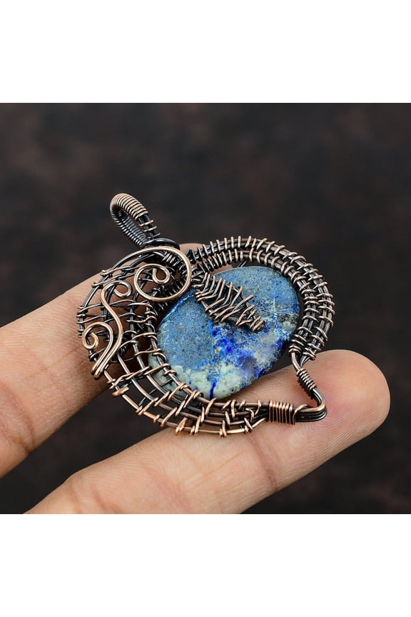 Azurite Malachite Gemstone Jewelry Copper Mother Gift Wire Wrapped Pendant 2.17"
