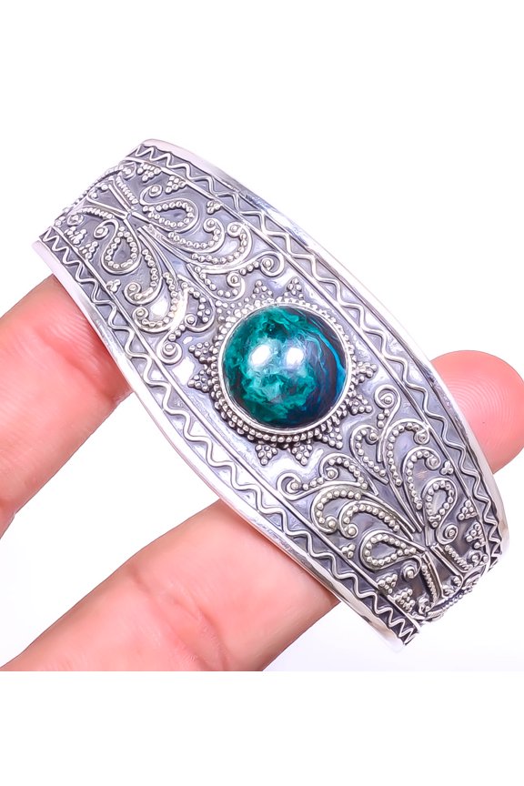 Azurite Malachite - Morenci Mines 925 S Bali Sterling Silver Cuff Adst. C7879-33, Gemstone Jewelry, Birthday Gift, Beautiful Jewelry For Woman