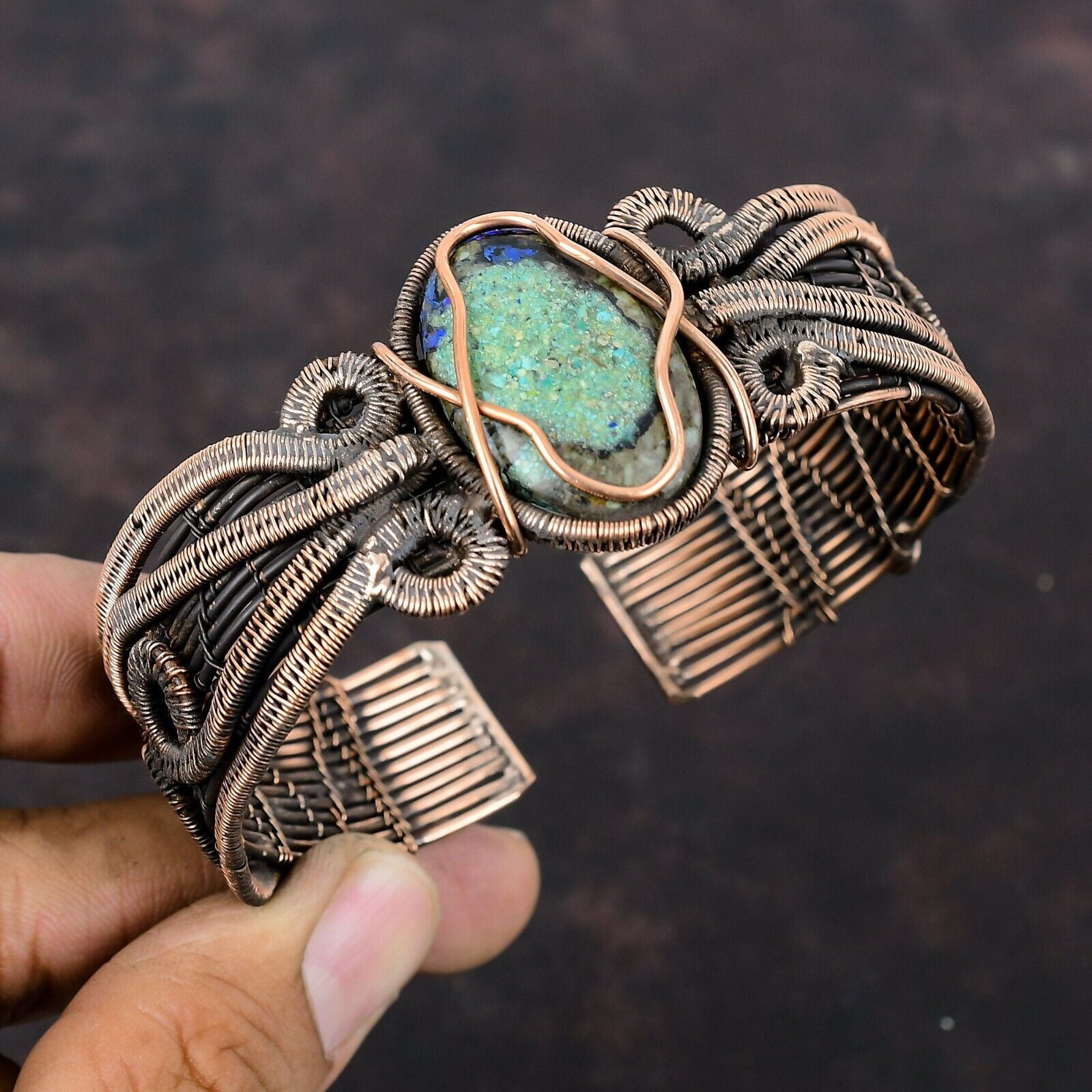 KALKA JEWELS Azurite Malachite Wire Wrapped Adjustable Cuff Handcrafted Copper Valentine Gift