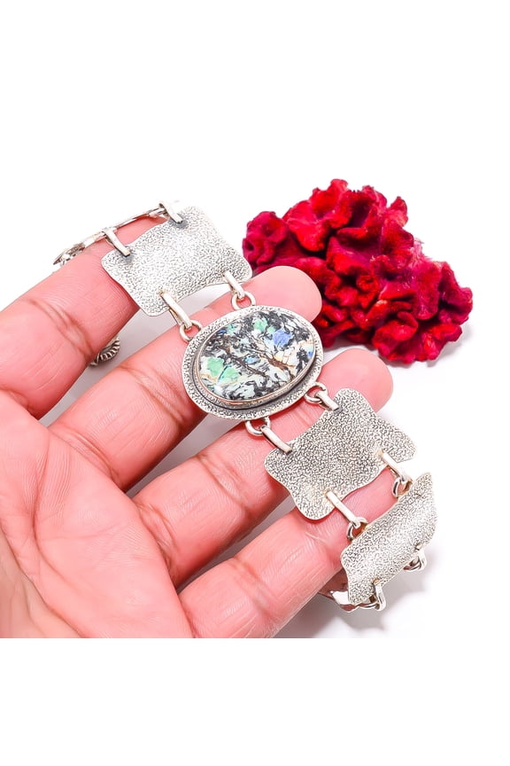 Azurite Turquoise - Utah 925 Sterling Textured Silver Bracelet 8.99" B84377, Christmas Gift