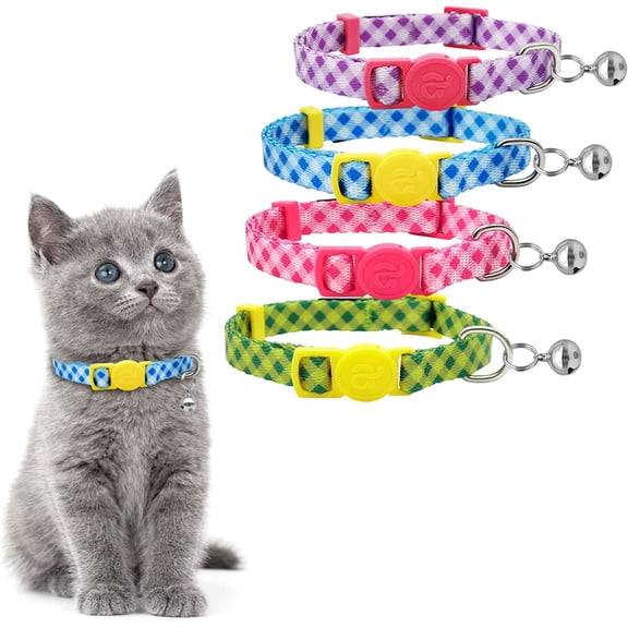 Azuza Breakaway Plaid Kitten Collar with Bell 4 Pack Quick Release Safe Buckle Cat Collars 4 Colors Checkered Pattern Adjustable from 6"-8"