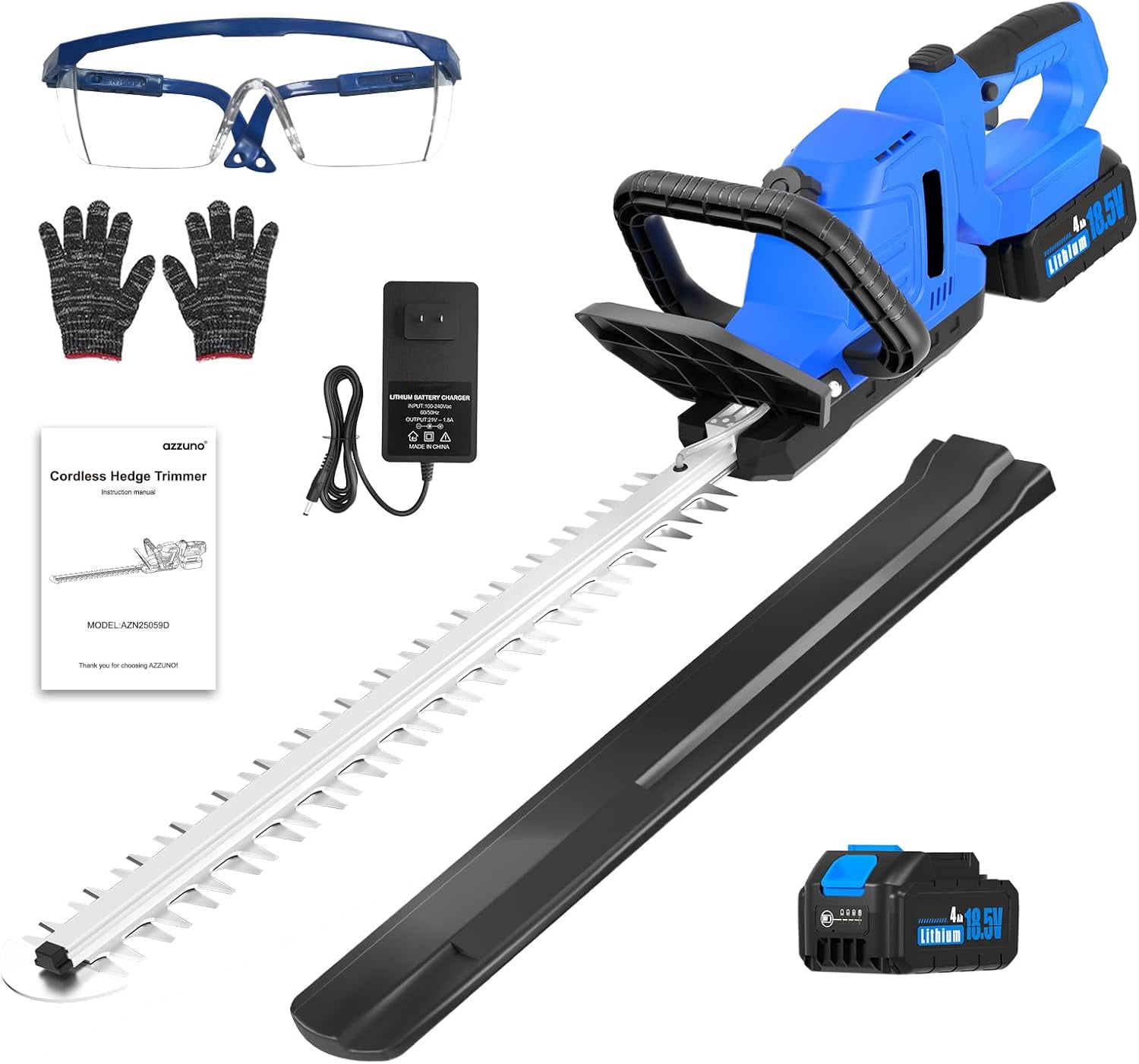 Azzunox 20 Inch Brushless Cordless Hedge Trimmer, Lightweight Bush Trimmer with 21V Max 4.0Ah Battery and Charging Cable