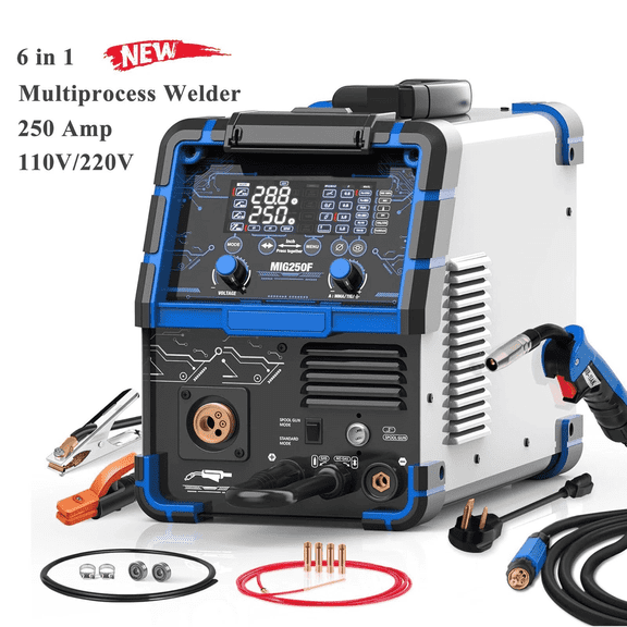 Azzunox Aluminum 250Amp MIG Welder,6 in 1 Gas MIG/Gasless Flux Core/Stick/Lift TIG/Spot Welding/Spool Gun Compatible Welding Machine 110V/220V Large LED Display Multi Process Welder