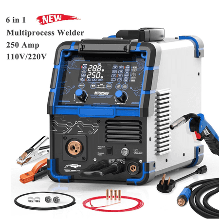 Azzunox Aluminum 250Amp MIG Welder,6 in 1 Gas MIG/Gasless Flux Core/Stick/Lift TIG/Spot Welding/Spool Gun Compatible Welding Machine 110V/220V Large LED Display Multi Process Welder