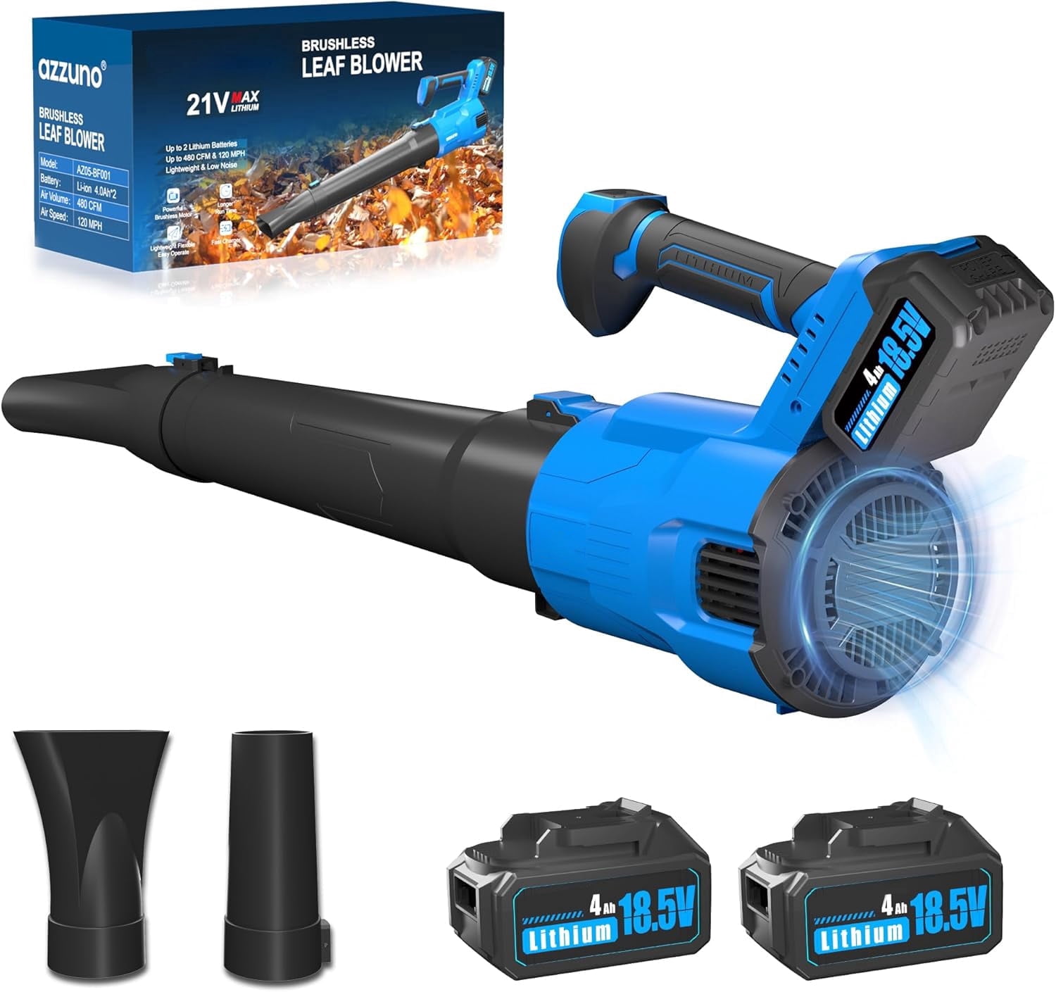 Azzunox Leaf Blower 580CFM 120MPH, Cordless Brushless Motor with 2 X 4.0Ah Batteries and Fast Charger 3 Speed Mode for Lawn, Patio & Dust Cleaning