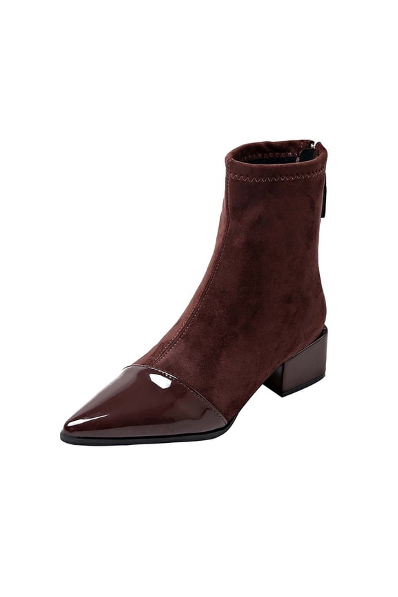 B-059 Brown Ladies Comfortable Ankle Boots Pointed Toe Patchwork Back Zipper Chunky Mid Heel Winter