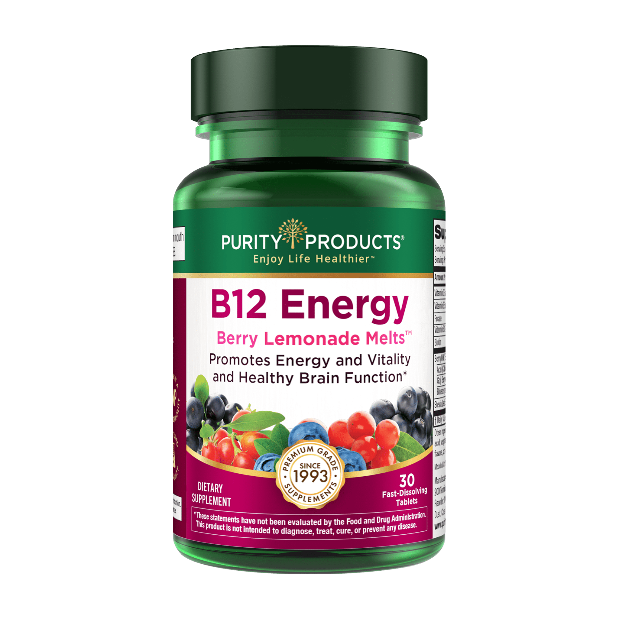 B-12 Energy Berry Lemonade Melt w/ Super Fruits by Purity Products - Methylcobalamin B12 - Vitamins B6, D3, Folic Acid and Biotin - High Absorption MecobalActive B 12 - 30 Melting Tablets