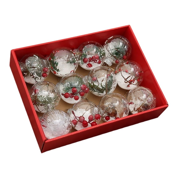 B 12-Piece Plastic Transparent Christmas Ball Ornaments, Assorted Designs With Hanging Loop, Tree Decor For Holiday Party, Wedding, Festive Home Accent