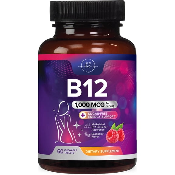 Hello Lovely! B 12 Vitamin Chewables 1000 mcg - B12 Complex with Heart & Nerve Energy Health Support - Vitamin B-12 Complex for Adults with Immune Health Support - Bottled in USA - 60 Chewables
