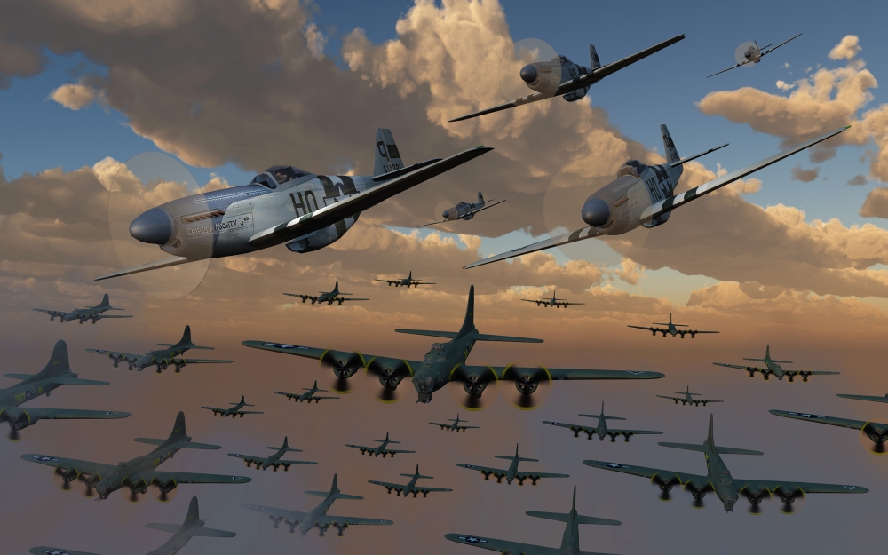 B-17 Flying Fortress bombers and P-51 Mustangs in flight Canvas Art - Mark StevensonStocktrek Images (18 x 12)