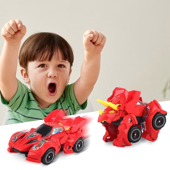 B 2 Pack Transforming Dinosaur Pull Back Vehicles For Kids Red And Yellow Triceratops Transformer Set