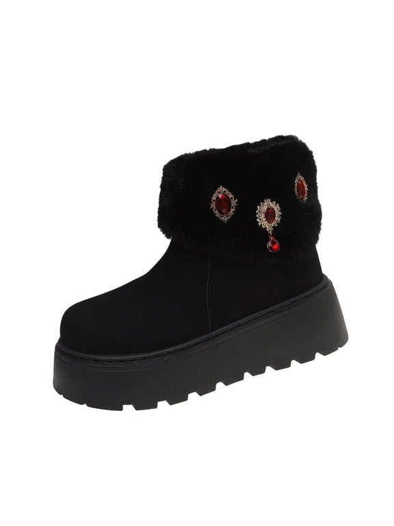 B-222 Black Womens Comfortable Jewel Boots Thick Sole Cuffed Height Enhancing Fall Winter Snow Boots