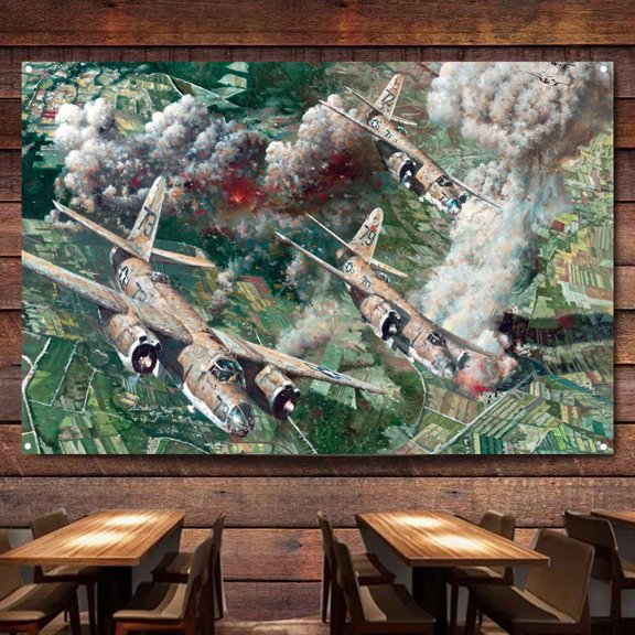 B-26 Marauder Bomber in WW II Flag Banner Wall Chart Canvas Painting Aviation Military Art Posters & Prints Wall Art Decor Tapestry For Room, Classroom, Home, Bedroom,38X57 inches
