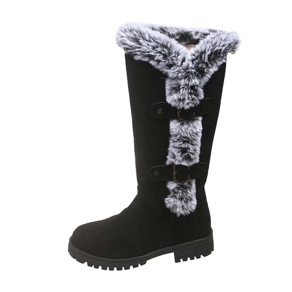 B-261 Black Ladies' Winter Warm Snow Boots Round Toe Low Heel Knee-High Plush Lined Solid Color Casual Long Footwear