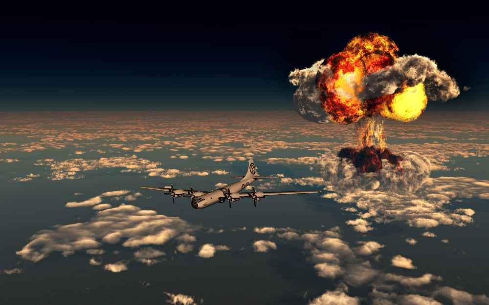 B-29 Superfortress flying away from the explosion of the atomic bomb Canvas Art - Mark StevensonStocktrek Images (36 x 23)